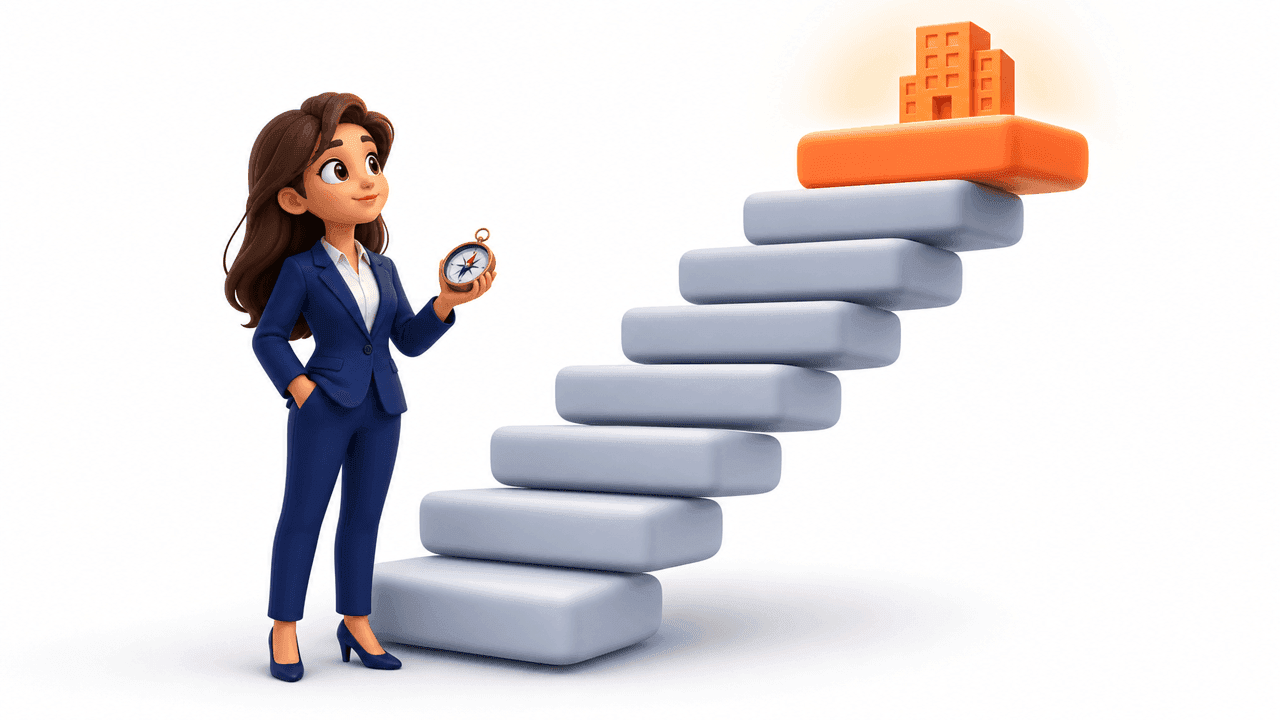 Illustration 3D : une business manager gravit un escalier en 7 marches vers un bâtiment DSI